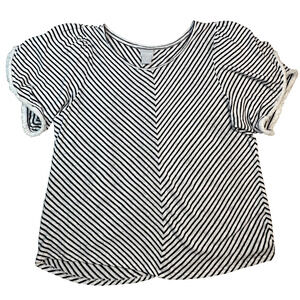 Chico's Navy White Stripe Fringed Flutter Short Sleeve 100% Linen Top Sz 3 ( L )